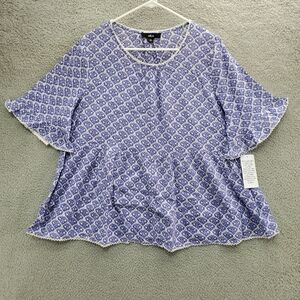 Ellos Ruffle Sleeve Babydoll Blouse Top Shirt Plus Size 16 Blue White NWT
